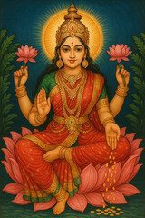 A vibrant and traditional illustration of Goddess Lakshmi, the Hindu goddess of wealth, prosperity, and fortune, seated gracefully on a blooming pink lotus.