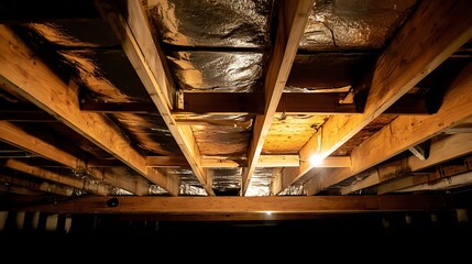 Interior view of a basement's wooden support beams.