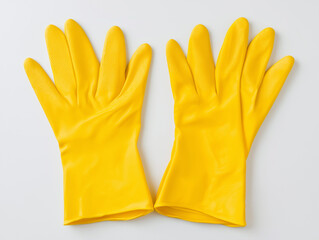 pair of yellow rubber cleaning gloves laid flat on clean white background durable and bright protective gear perfect for housekeeping visuals or household cleaning campaigns 

