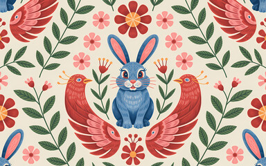 Mexican Otomi Embroidery, Charming Floral Pattern with a Rabbit Birds and Wings.