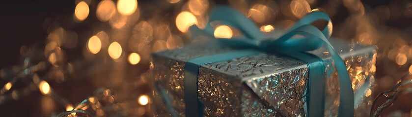 Festive gift box with teal ribbon, illuminated by warm lights.