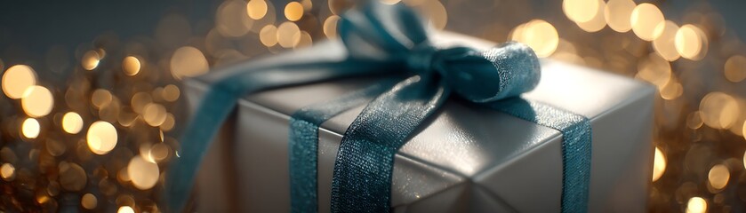Silver gift box tied with teal ribbon.
