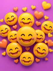 Naklejka premium Joyful emoji faces express pure happiness surrounded by hearts on a rich purple background with 3D. Generated With AI