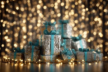 Silver gift boxes with teal ribbons and christmas lights.