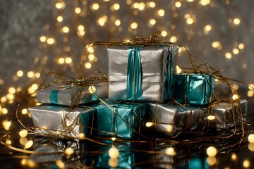 Stacked gift boxes wrapped in silver and teal paper, adorned with string lights.