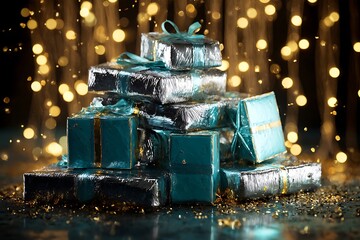 Teal and silver gift boxes stacked high against a backdrop of twinkling lights.