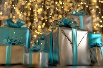 Silver and teal gift boxes arranged with blurred holiday lights.