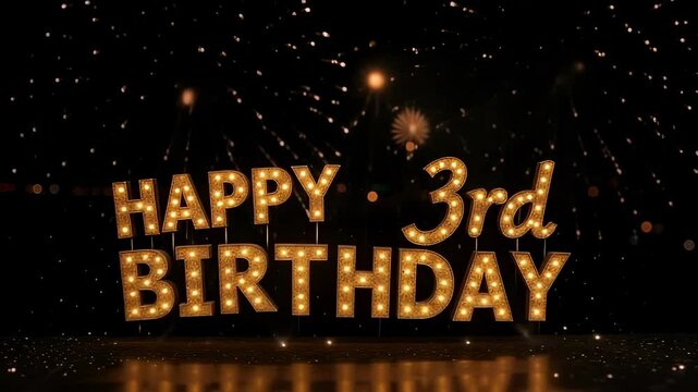 Elegant Golden Glitter Happy Birthday Greeting Card Design perfect for third birthday celebrations featuring shimmering particles on a sophisticated backdrop