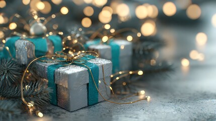 Wrapped gifts with teal ribbons on a grey surface, lit by warm lights.