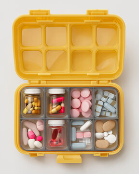 Plastic medicine storage box opened to reveal pills and bottles on white background, organized and safe design for home use visuals 