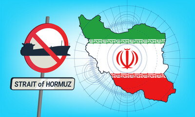 Vector graphic map of Islamic Republic of Iran. Strait of Hormuz and prohibitory 3d sign. Prohibition on movement of oil tankers. Iranian ban