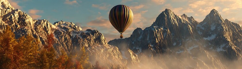 Hot air balloon soaring over a mountainous landscape.