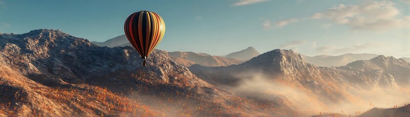 Colorful hot air balloon over a mountain range at sunrise.