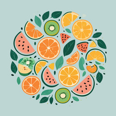 Colorful vector illustration of sliced ​​fruits including orange, lemon, kiwi, watermelon, and leaves arranged in a circular pattern. Fresh, vibrant, perfect for summer or healthy food themes