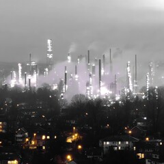 Fototapeta premium Industrial cityscape at night, hazy atmosphere