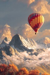 Colorful hot air balloon over a mountain range with autumn foliage.