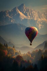 Colorful hot air balloon over autumnal mountains.