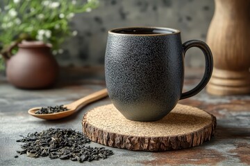 dark textured mug with tea leaves and wooden spoon on cork coaster.
