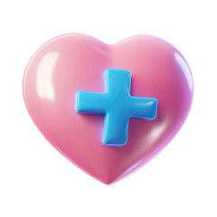 Obraz premium Glossy Pink Heart Icon with Blue Medical Cross Symbol for Healthcare and First Aid Concepts isolated on transparent white background, clipping path