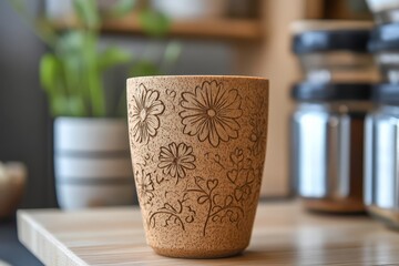 Eco Friendly Cork Cup with Floral Design.