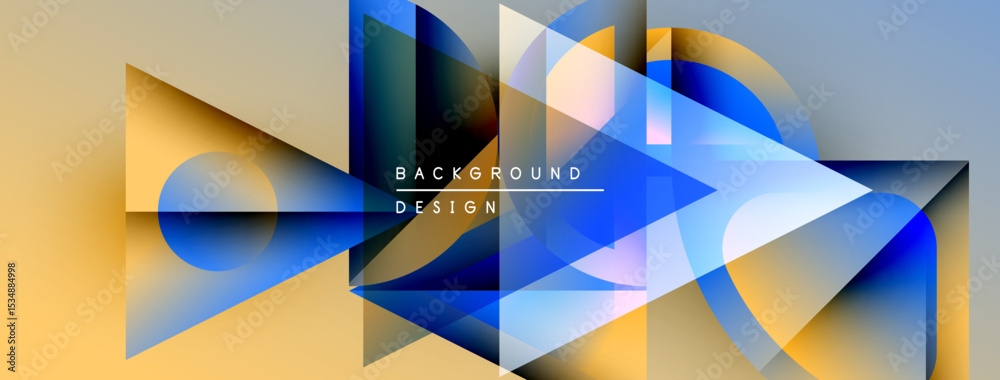 Aufkleber Abstract geometric shapes overlap, creating vibrant color gradients. Design features triangles, circles, lines, text elements. Modern aesthetic.