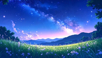 星空の草原、満天の星と山並み、夜明け前の風景、幻想的な夜空、天の川のある風景、自然と宇宙の融合、静かな夜の草原、夜空に広がる星、光る星と花畑、夢のような景色