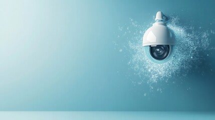 A security camera on a blue wall with a digital, shattered effect, symbolizing surveillance and data disruption.