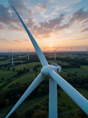 Aerial view of wind turbine farm. Wind power plants in green landscape against sunset sky with clouds. Aerial, drone inspection of wind turbine.