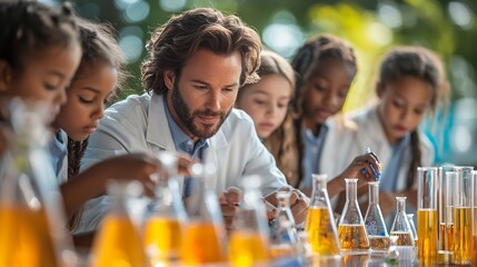 Action shot of teacher guiding student through hand science experiment demonstrating scientific method Capture active engagement of student teacher explanation of each step well lit natural