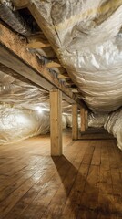 Wooden support beams and flooring in a basement area.