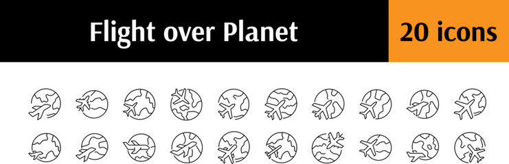 Airplane Flying Over Planet Bundle of Thin Icons. Editable Stroke. Perfect for Web Sites, Books, Cards, Apps