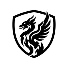 Minimalist and powerful vector illustration of a fierce dragon head within a shield.