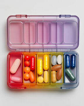 Seven-day plastic pill organizer with open lids showing tablets on clean white background, practical for seniors and routine medicine visuals 