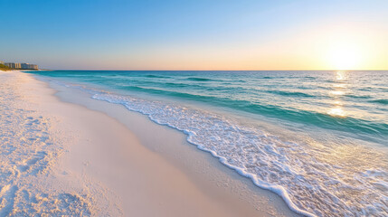 Serene sandy beach with gentle waves at sunset, creating peaceful atmosphere