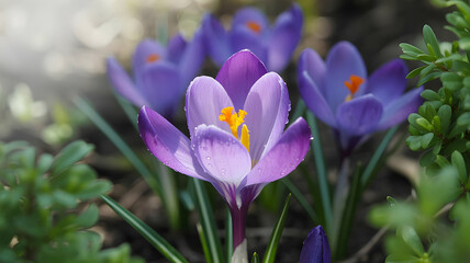 Close up of purple crocus flowers with water droplets in a garden with green foliage around them