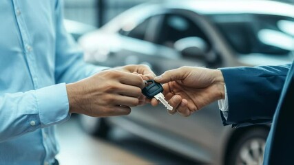Car keys handover between seller and buyer showcasing successful car purchase deal