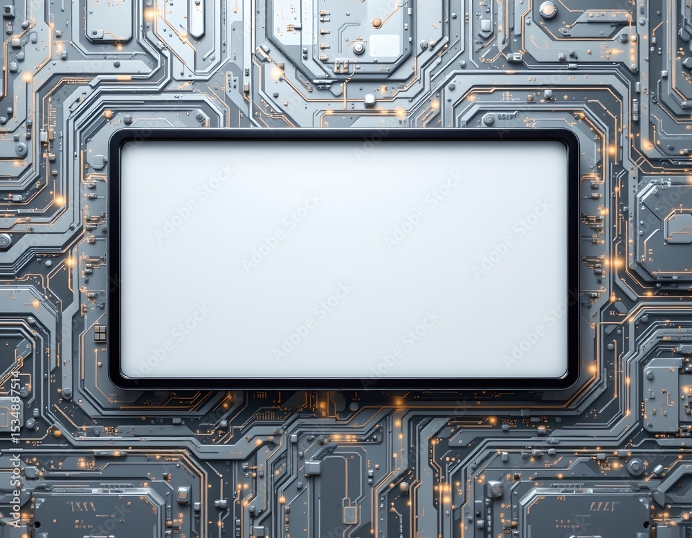 Fototapete futuristic digital display on circuit board background technology showcase visual content urban envi