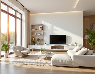 Fototapeta premium Modern living room design residential space interior photography warm natural light wide angle view contemporary aesthetic