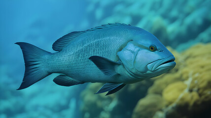 Fototapeta premium Close up of a large blue fish swimming in the ocean near coral reefs in clear blue water