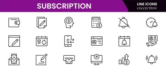 Modern vector web line icons depicting subscription services, recurring payments, memberships, streaming, and digital access for seamless user experiences.