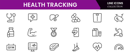 Sleek vector web line icons depicting health tracking, fitness apps, wearables, wellness metrics, and digital health monitoring solutions.