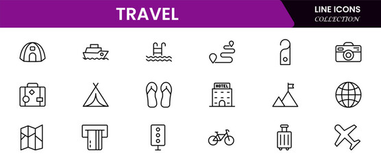 Streamlined vector web line icons depicting travel booking, flights, hotels, itineraries, and seamless online reservation experiences for adventurers.