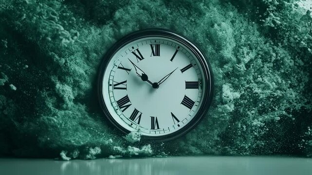 Elegant vintage clock dissolving in teal dust creating a conceptual time lapse video