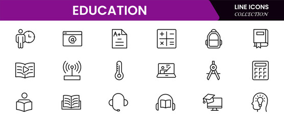Engaging vector web line icons depicting education, learning, books, e-learning, and academic tools for knowledge and skill development.