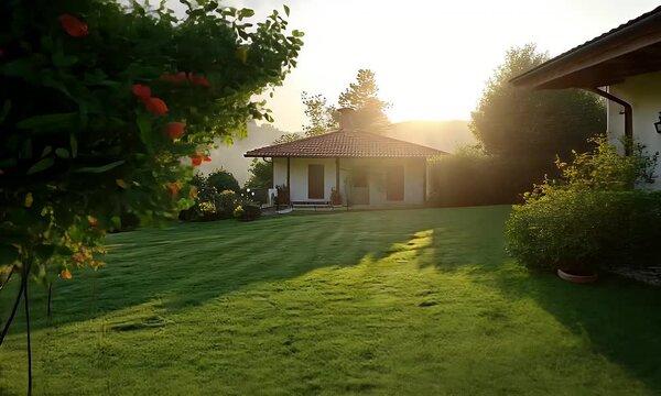 Lush Green Lawn Between House And Cottage Glows At Sunrise With Clear Sky And Verdant Yard In A Serene Landscape