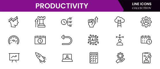 Streamlined vector web line icons depicting productivity tools, time management, tasks, efficiency, and goal-oriented workflows for optimal performance.