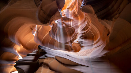 Interior view of a sandstone canyon with light beams and textured rock formations and smooth canyon walls