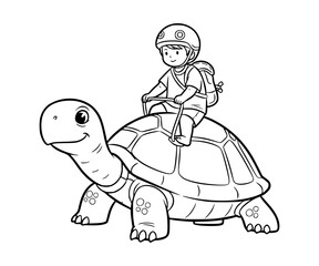 A child riding on a giant turtle