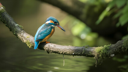 A kingfisher perched on a mossy branch overlooking a calm body of water in a natural setting outdoors