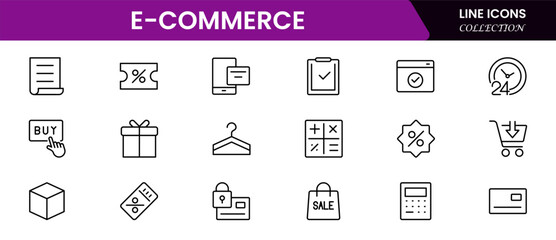 Vibrant vector web line icons depicting e-commerce, online shopping, carts, payments, and seamless digital retail experiences for customers.